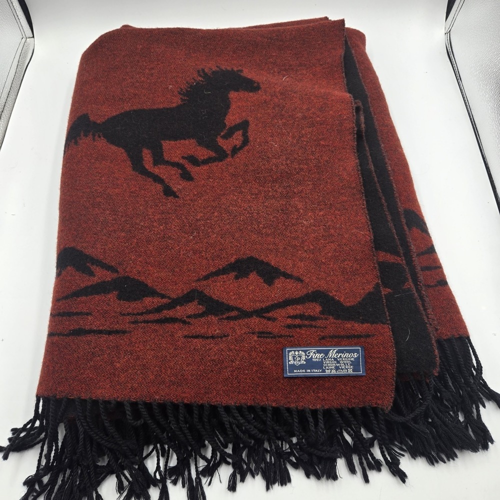 Vtg Merino Wool Celebrate The Horse Southwest Throw Blanket Double Side Red Blk